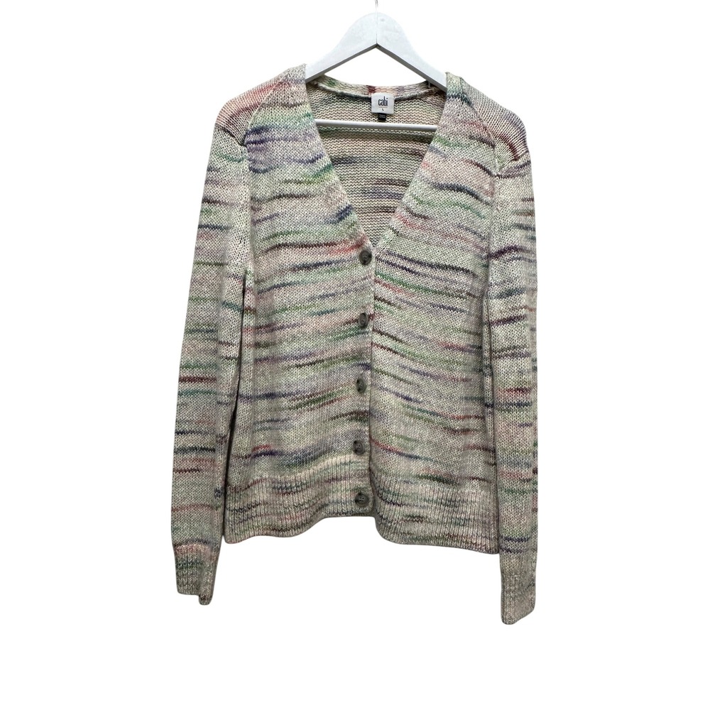 Cabi Multicolored Space Dye Knit V-Neck Button Front Striped Cardigan Sweater L